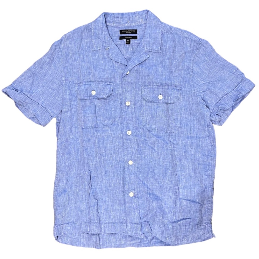 BANANA REPUBLIC Men’s 100% Linen Short Sleeve Camp Shirt Blue Medium Summer 2023